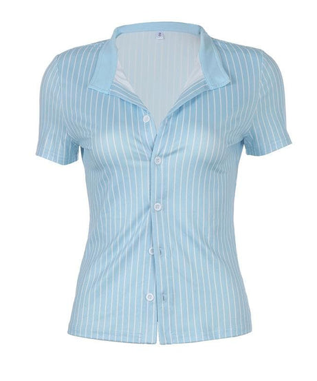 Effortless Chic: Women's Blue & White Striped Button-Down Top - Fall Transitional Style