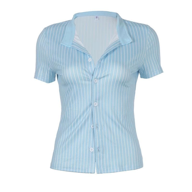 Effortless Chic: Women's Blue & White Striped Button-Down Top - Fall Transitional Style