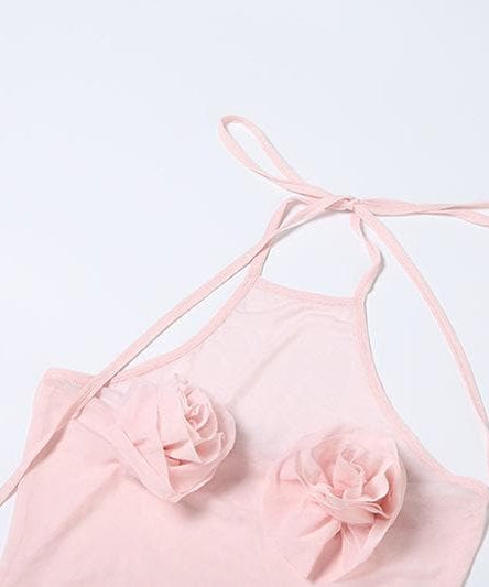 Coquette Dream Pink Halter Mini Dress | Sheer Mesh & Ruffle Flowers for Fall Parties