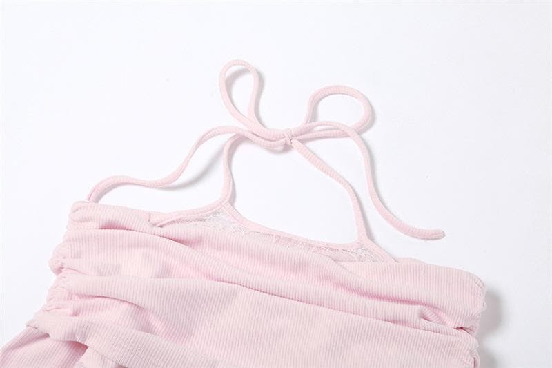 Fall Chic: Ruched Off-Shoulder Halter Top - Asymmetric Lace Detail Long Sleeve