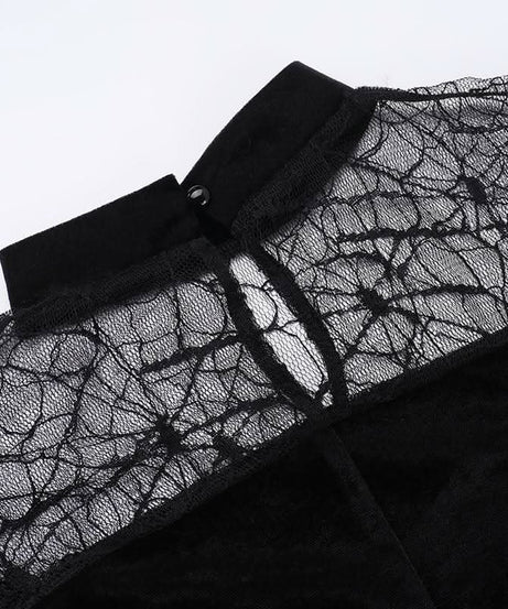 Haute Halloween: Black Velvet Spiderweb Maxi Dress - Elegant Gothic Glamour