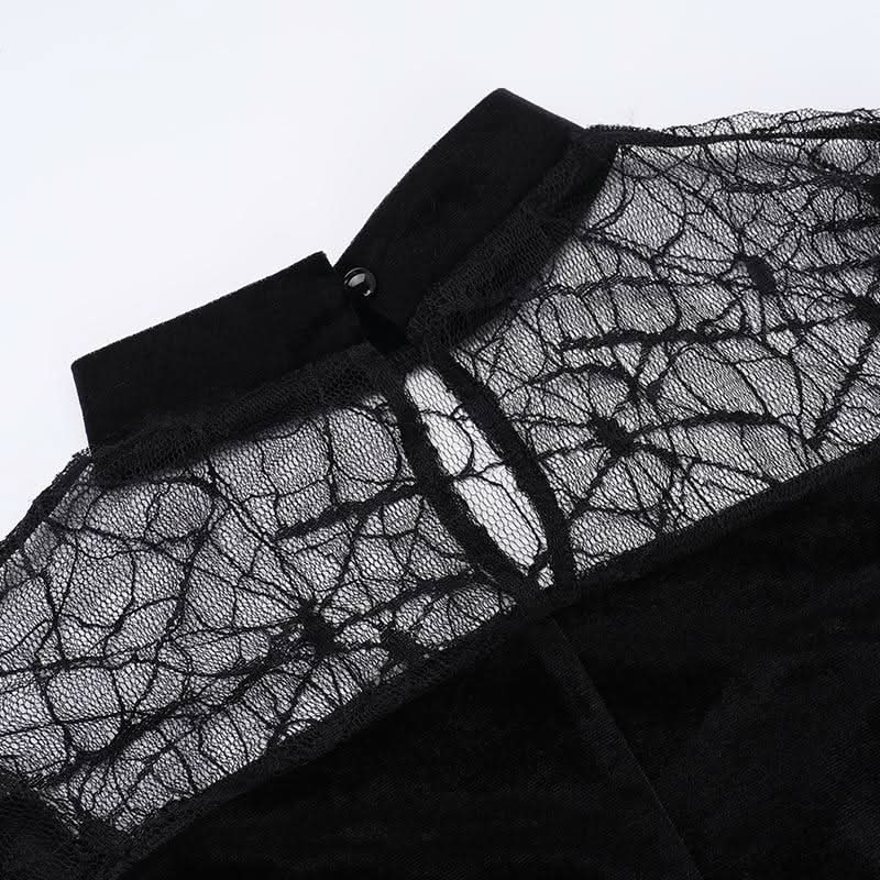 Haute Halloween: Black Velvet Spiderweb Maxi Dress - Elegant Gothic Glamour