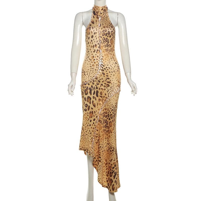 Allure & Edge: Leopard Print Halter Maxi Dress with Backless Design & Asymmetrical Lacing - Your Fall & Holiday Statement Piece