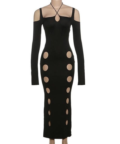 Showstopper Halter Cut-Out Maxi Dress - Edgy Black Bodycon for Fall & Holiday Parties