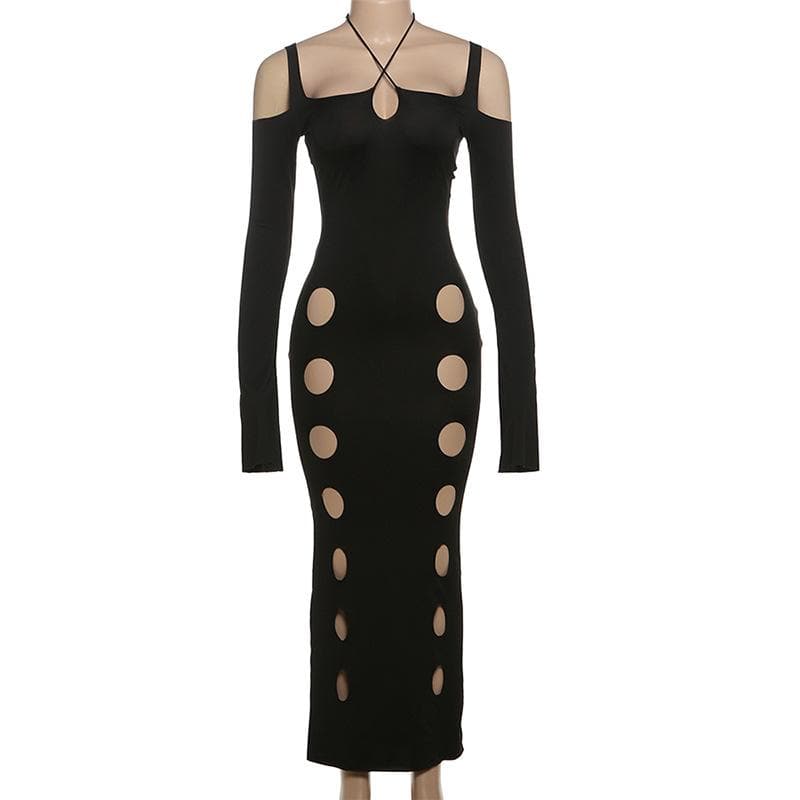 Showstopper Halter Cut-Out Maxi Dress - Edgy Black Bodycon for Fall & Holiday Parties
