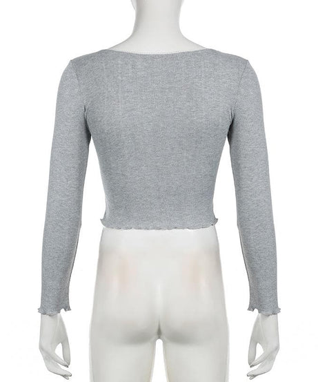 Y2K Coquette Ribbed Long Sleeve Crop Top - Autumn Lace Trim & Bow Accent Tee