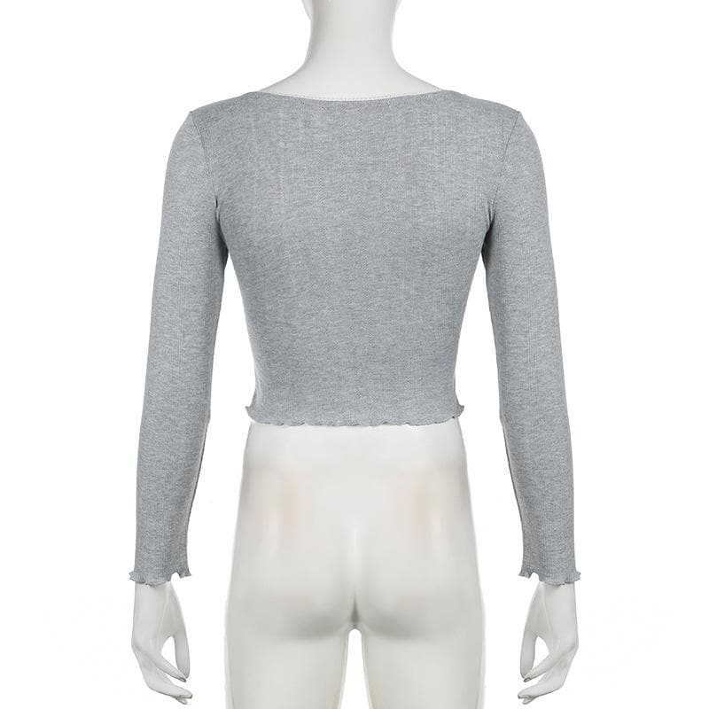 Y2K Coquette Ribbed Long Sleeve Crop Top - Autumn Lace Trim & Bow Accent Tee