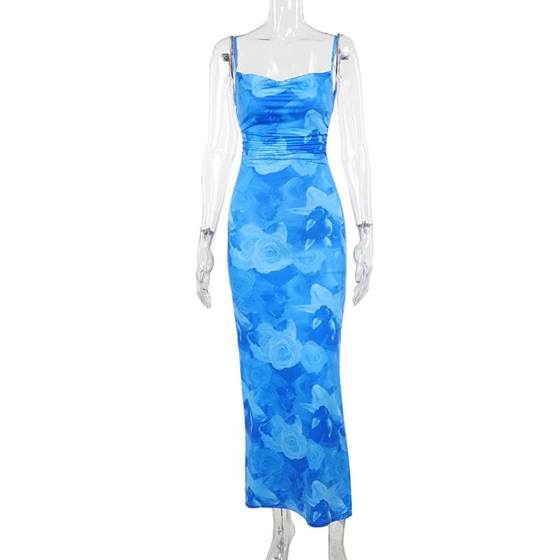 Dreamy Blue Rose Maxi Dress - Chic Cowl Neck & Backless for Fall Events & Vacations