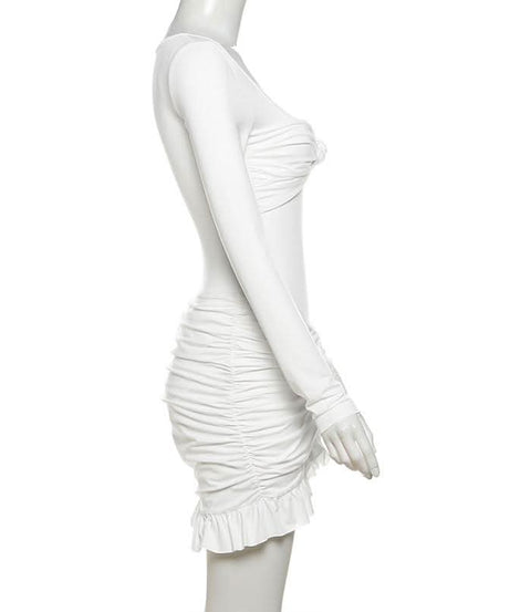 Autumn Glam: Chic White Long Sleeve Ruched Mini Dress - Knot Front & Ruffle Details