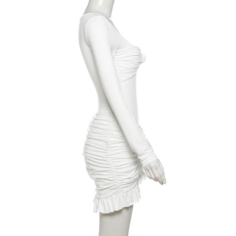 Autumn Glam: Chic White Long Sleeve Ruched Mini Dress - Knot Front & Ruffle Details