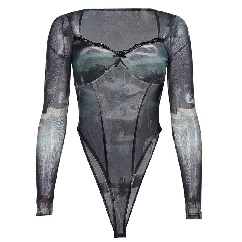 Dark Academia Renaissance Art Print Mesh Bodysuit - Long Sleeve Square Neck Top