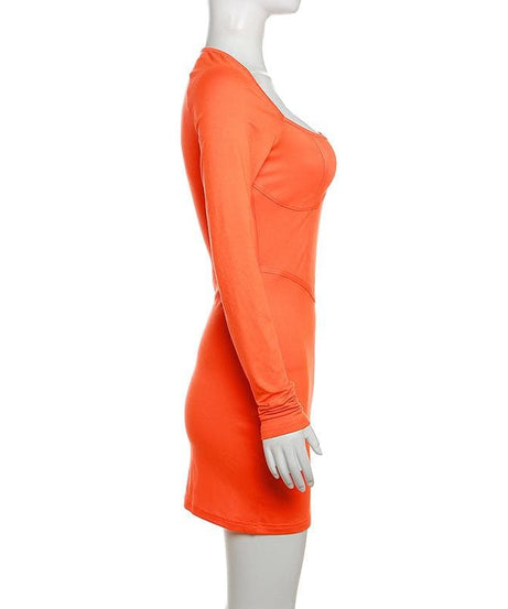 Fiery Orange Corset Detail Bodycon Mini Dress | Square Neck Long Sleeve Fall Party Essential