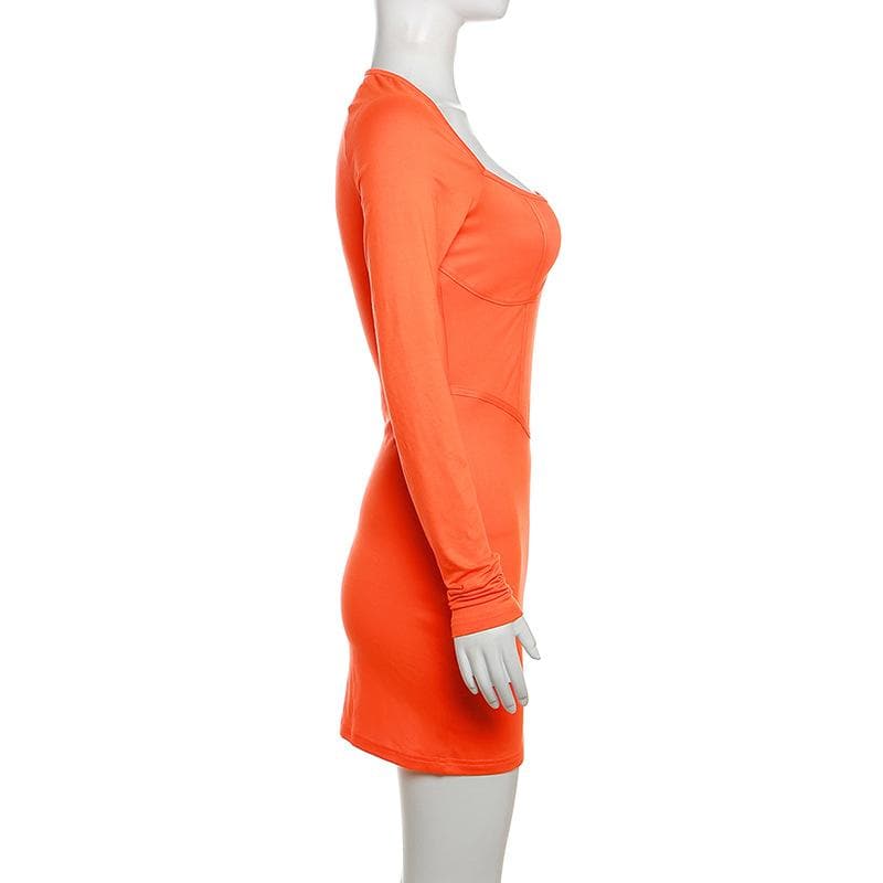Fiery Orange Corset Detail Bodycon Mini Dress | Square Neck Long Sleeve Fall Party Essential