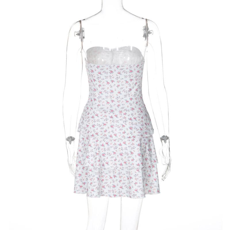 Pink Floral Strapless Sweetheart Mini Dress - Tiered Ruffle Vacation & Resort Chic