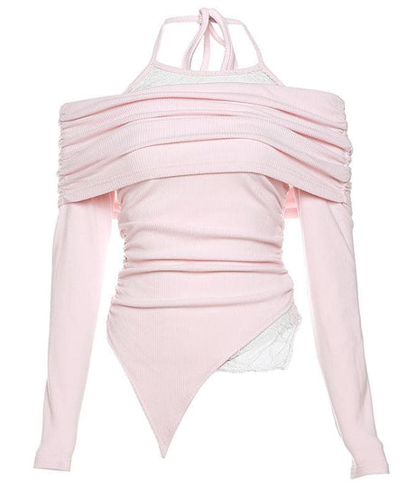 Fall Chic: Ruched Off-Shoulder Halter Top - Asymmetric Lace Detail Long Sleeve