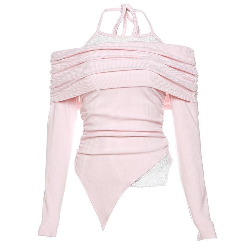 Fall Chic: Ruched Off-Shoulder Halter Top - Asymmetric Lace Detail Long Sleeve