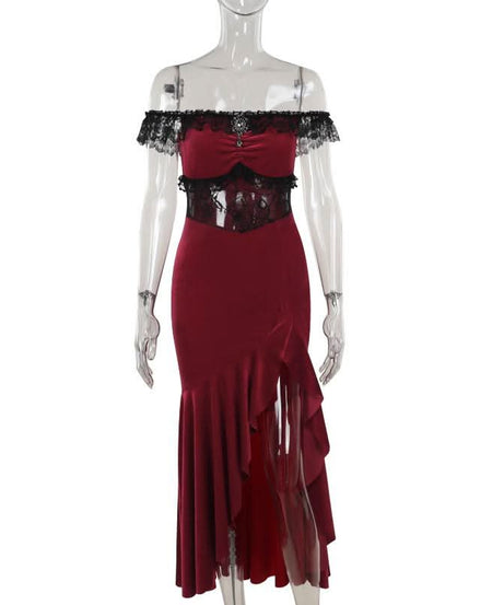 Sultry Red Velvet Off-Shoulder Lace Maxi Gown | High Slit Evening & Holiday Party Dress