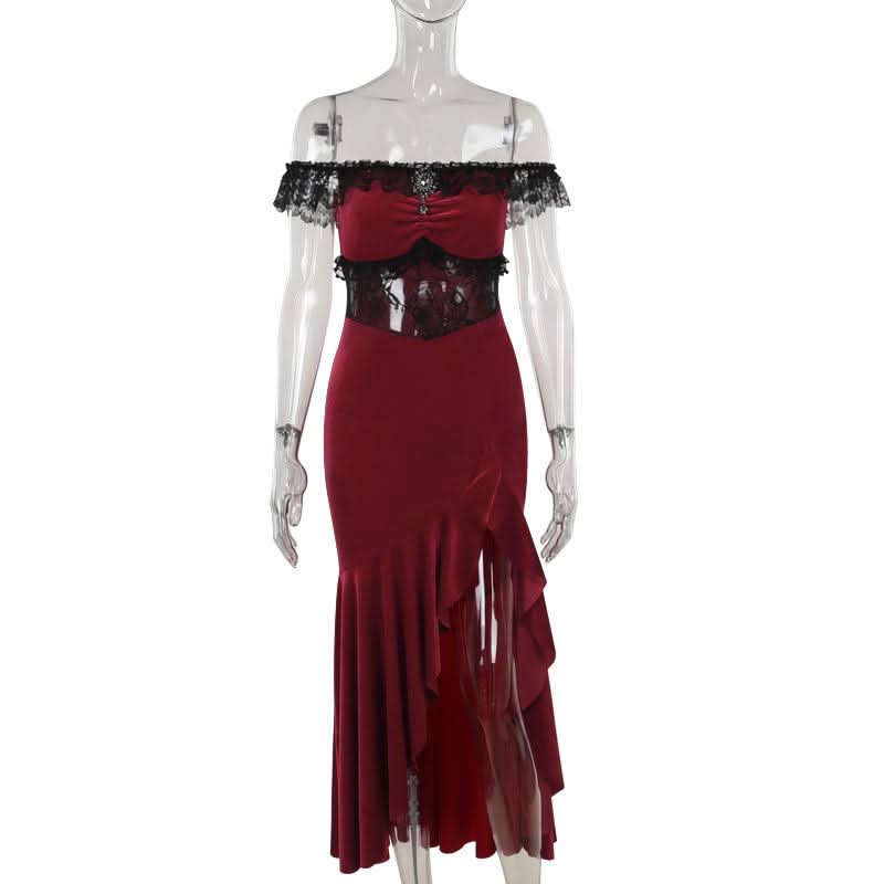 Sultry Red Velvet Off-Shoulder Lace Maxi Gown | High Slit Evening & Holiday Party Dress