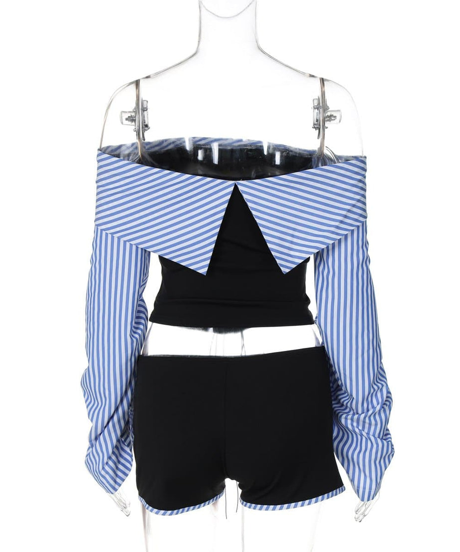 Trendy Off-Shoulder Lace-Up Corset Top & Striped Sleeve Shorts Set - Your Fall-Ready Statement