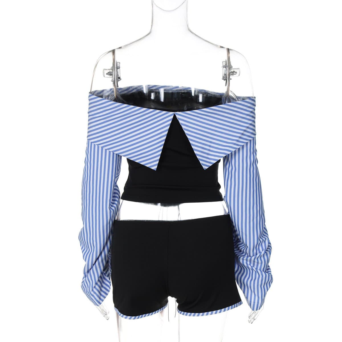 Trendy Off-Shoulder Lace-Up Corset Top & Striped Sleeve Shorts Set - Your Fall-Ready Statement