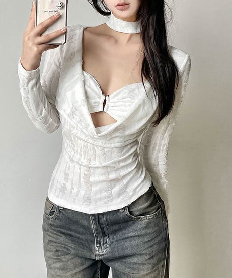 Edgy Distressed Cowl Neck Long Sleeve Top & Choker Set - Grunge & Y2K Fall Fashion for Women