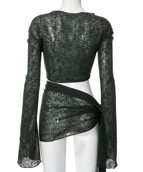 Sultry Sage Sheer Knit Two-Piece Set | Tie-Front Crop Top & Ruched Mini Skirt for Daring Fall Nights