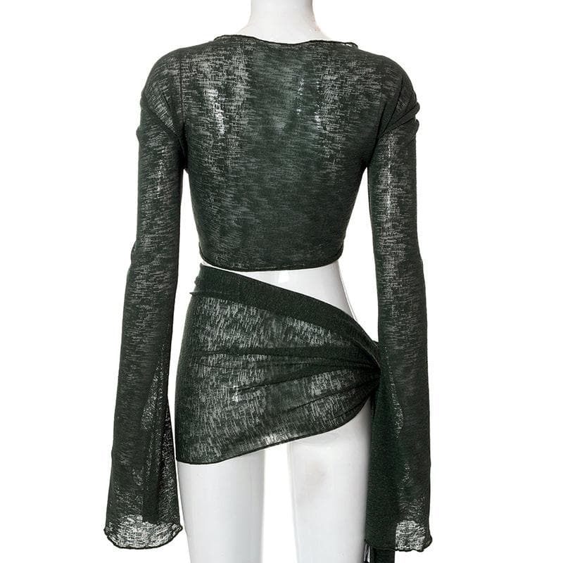 Sultry Sage Sheer Knit Two-Piece Set | Tie-Front Crop Top & Ruched Mini Skirt for Daring Fall Nights