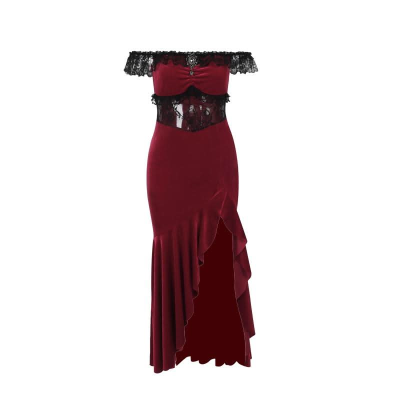 Sultry Red Velvet Off-Shoulder Lace Maxi Gown | High Slit Evening & Holiday Party Dress