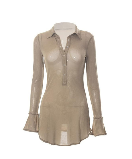 Sultry Sheer Mesh Button-Up Mini Dress - Daring Fall & Halloween Party Statement