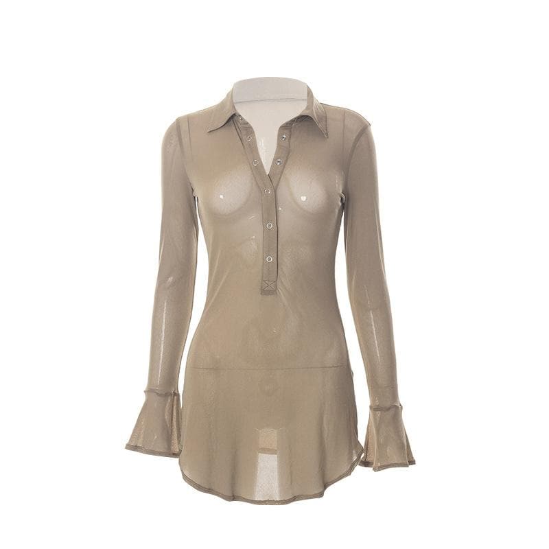 Sultry Sheer Mesh Button-Up Mini Dress - Daring Fall & Halloween Party Statement
