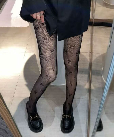 Bowknot pattern fishnet tights
