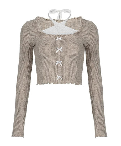 Autumn Coquette Ribbed Knit Crop Top: Layered Halter, Ruffles & Bows