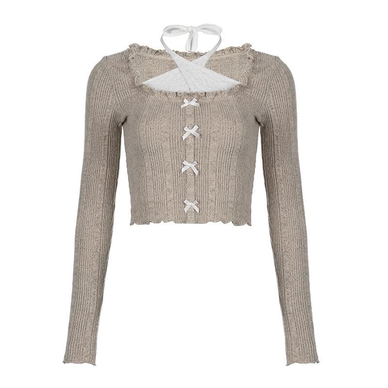 Autumn Coquette Ribbed Knit Crop Top: Layered Halter, Ruffles & Bows