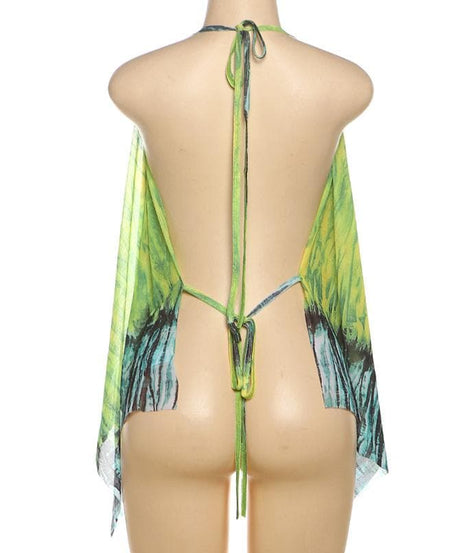 Vibrant Jungle Print Halter Top | Chic Cowl Neck Mesh for Resort & Fall Getaways