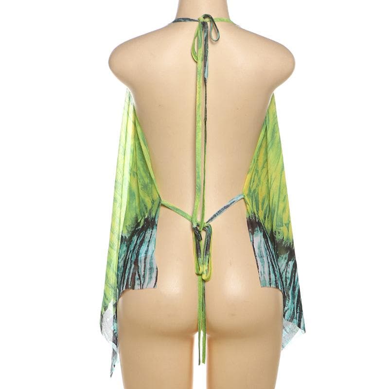 Vibrant Jungle Print Halter Top | Chic Cowl Neck Mesh for Resort & Fall Getaways