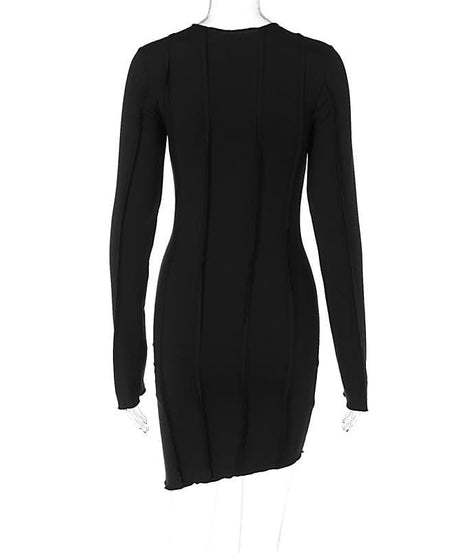 Fall Nights Edge: Chic Black Asymmetrical Mini Dress with Long Sleeves