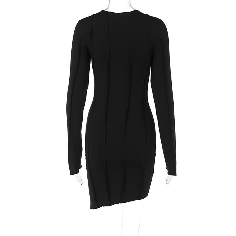 Fall Nights Edge: Chic Black Asymmetrical Mini Dress with Long Sleeves