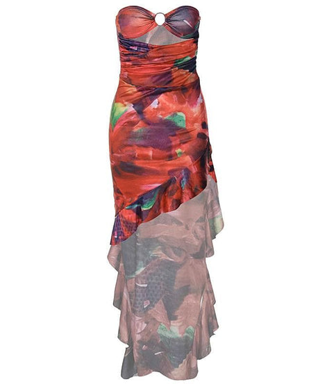 Autumn Bloom Strapless O-Ring Ruffle Midi Dress - Vibrant Party & Cocktail Chic