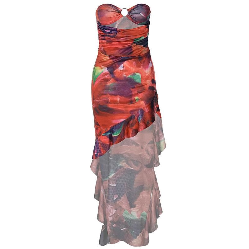 Autumn Bloom Strapless O-Ring Ruffle Midi Dress - Vibrant Party & Cocktail Chic