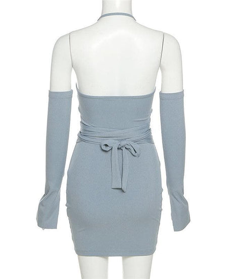 Elevate Your Fall Style: Ribbed Chain Halter Bodycon Mini Dress with Statement Sleeves