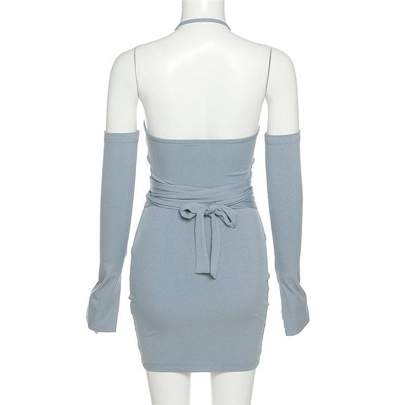 Elevate Your Fall Style: Ribbed Chain Halter Bodycon Mini Dress with Statement Sleeves