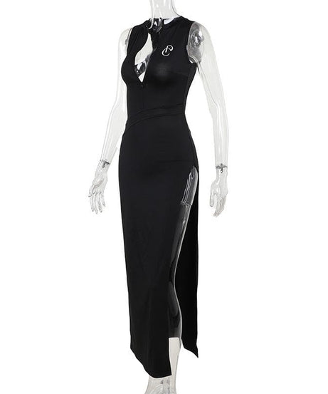Sleek Black Bodycon Maxi Dress with V-Neck Zipper & High Slit | Backless Fall & Holiday Party Gown