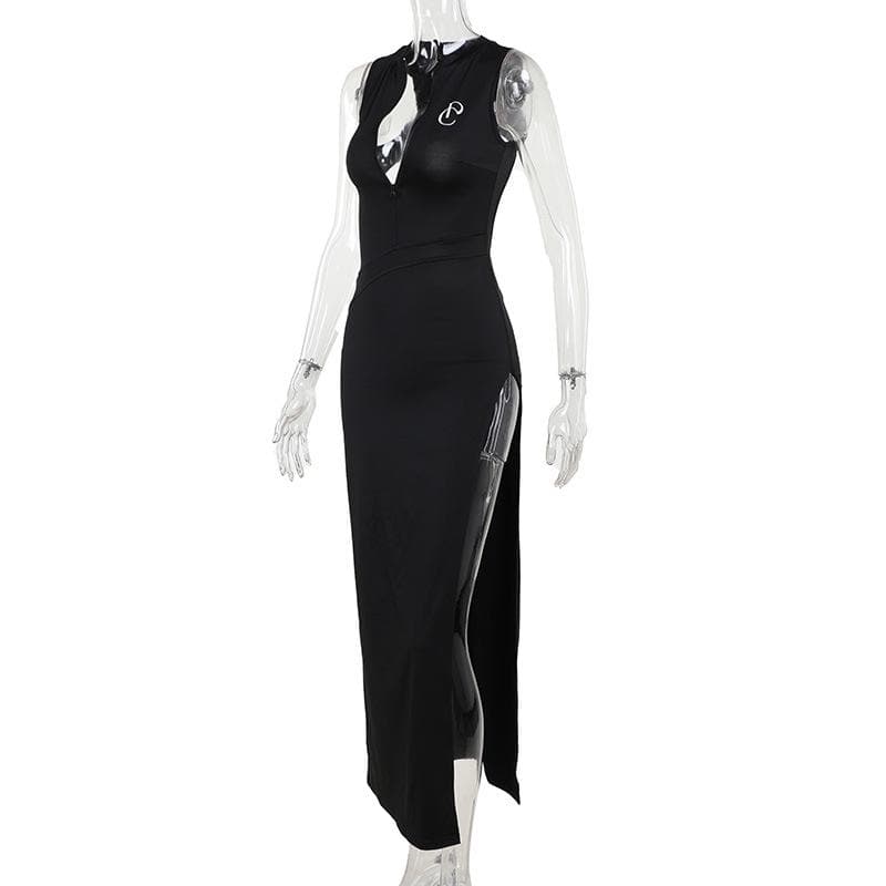 Sleek Black Bodycon Maxi Dress with V-Neck Zipper & High Slit | Backless Fall & Holiday Party Gown
