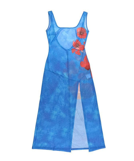 Stunning Blue Poppy Print Sheer Mesh Midi Dress with Slit & Backless Detail – Your Go-To for Fall Parties & Resort Getaways