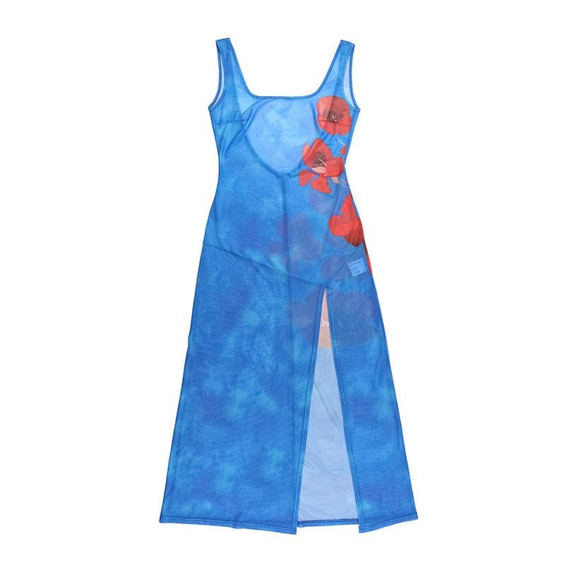 Stunning Blue Poppy Print Sheer Mesh Midi Dress with Slit & Backless Detail – Your Go-To for Fall Parties & Resort Getaways