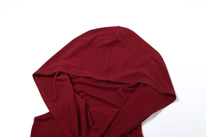 Autumn Enchantress: Deep Wine Red Sleeveless Cowl Neck Hoodie Top for Fall