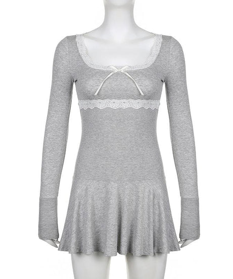 Coquette Core Black Lace Square Neck Long Sleeve Mini Dress | Fall Chic