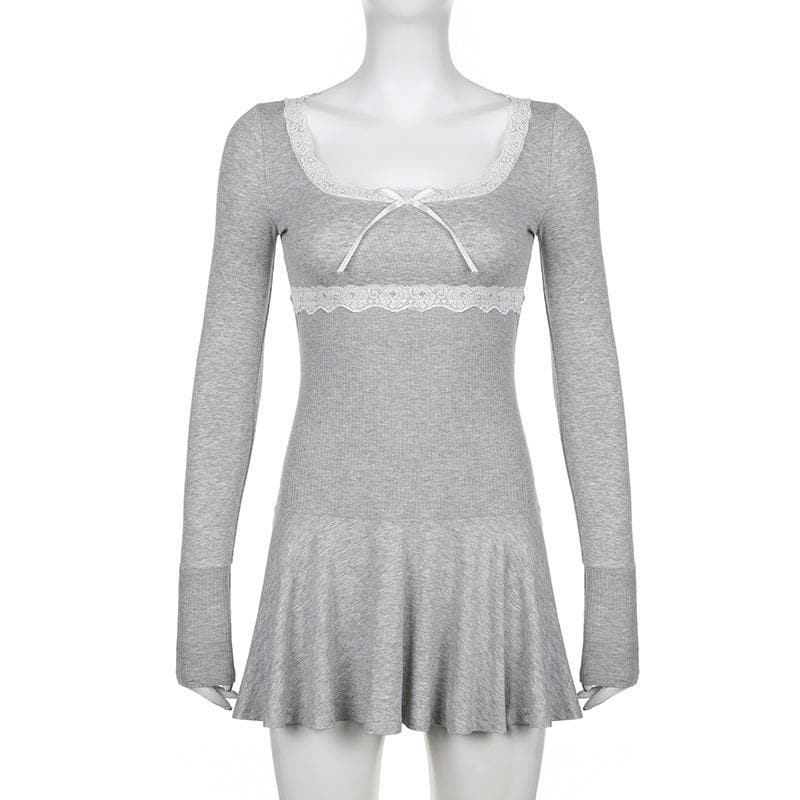 Coquette Core Black Lace Square Neck Long Sleeve Mini Dress | Fall Chic