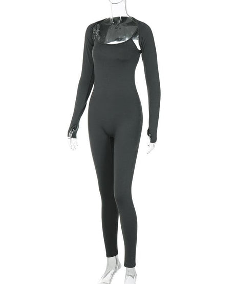 Effortless Fall Cami Shrug Jumpsuit with Thumbholes - Sleek Bodycon One-Piece