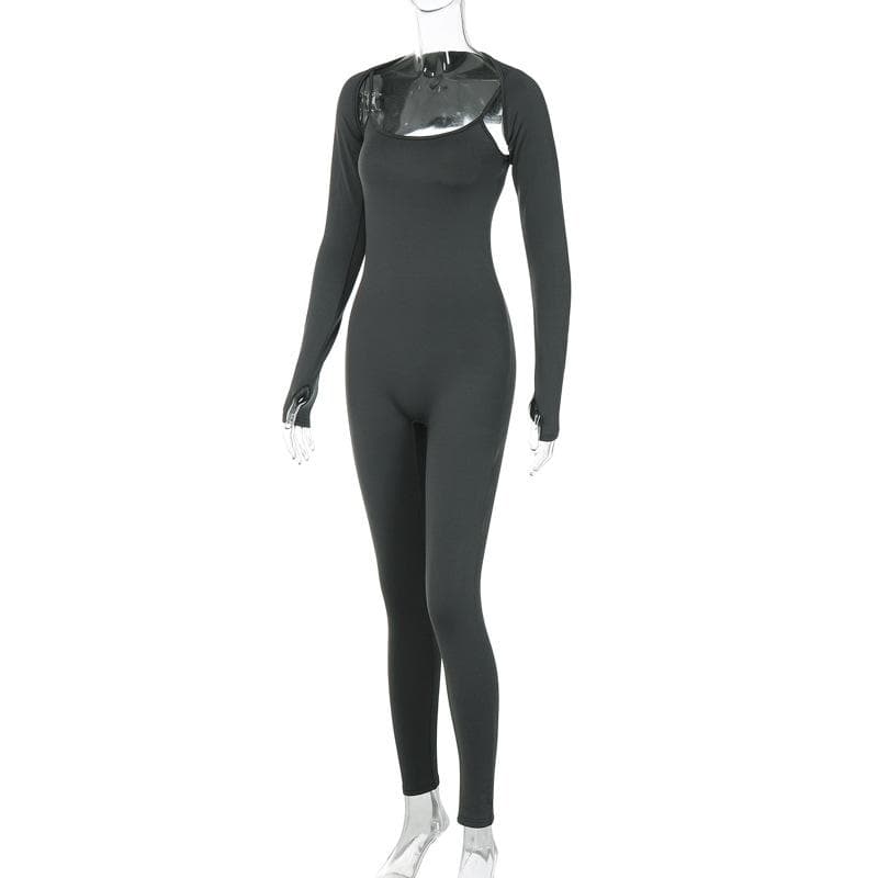 Effortless Fall Cami Shrug Jumpsuit with Thumbholes - Sleek Bodycon One-Piece